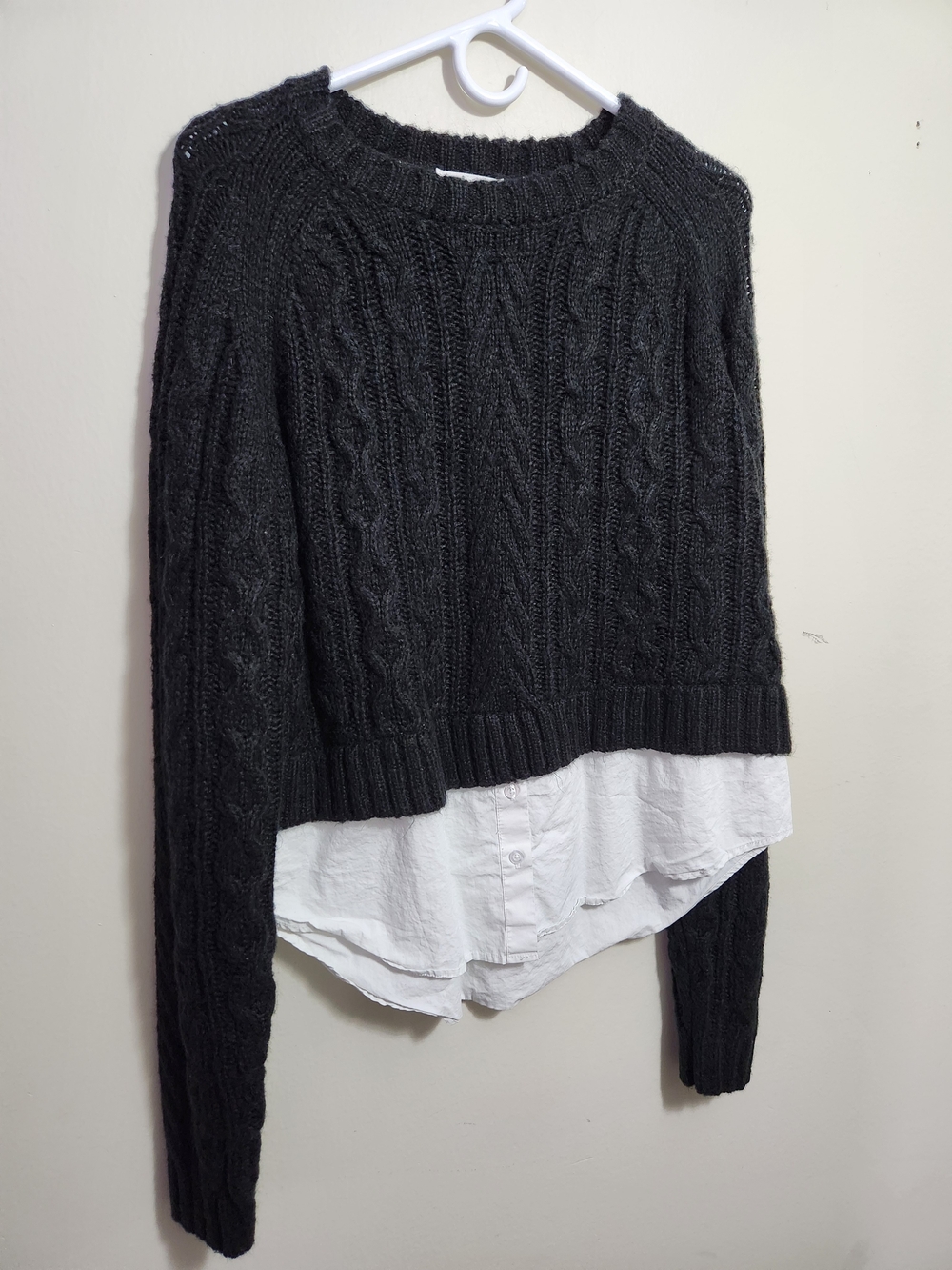 In Loom Black Cable-Knit Sweater with Layered Shirt Hem M Medium